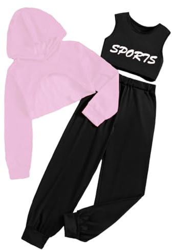 Freebily Tuta da Ginnastica Bambina 3 Pezzi Hoodie con Cappuccio + Reggiseno Sportivo + Pantaloni Sportivi Catena in Metallo Ballerina Jazz Hip Hop Danza Moderna Streetwear Rosa A 8-9 anni