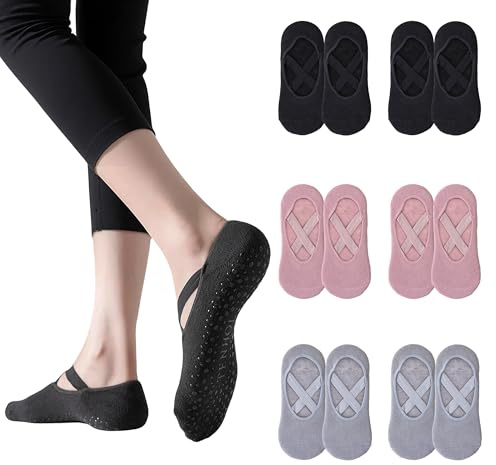 daqoupzi 6 par pilates strumpor, halkfria yogastrumpor dam, stoppstrumpor för kvinnor med korsband, pilates sockar, en storlek