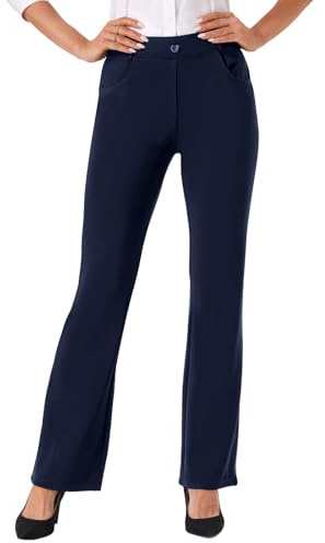 Friptspyg Mujeres con Bolsillos Pantalones de Manguera de Negocios Elegantes de Traje Casual de Tela de Trabajo Pantalones Estirables con Cremallera,Azul Marino L