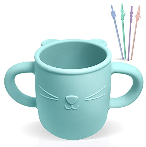 Brunoko Gobelet avec Poignées et Pailles en Silicone - Verre d'Apprentissage pour Bébés avec 4 Pailles Réutilisables - Compatible Lave-Vaisselle/Micro-ondes - Paille Souple pour Boire Facilement