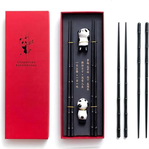 HauSun 2 Pairs Chopsticks and Chopstick Rest Gift Set- Dishwasher Safe Reusable Fiber Glass Chopsticks + Porcelain Cute Panda Chopstick Holder, Non-Slip Chinese Japanese Style Chopstick Set, Black