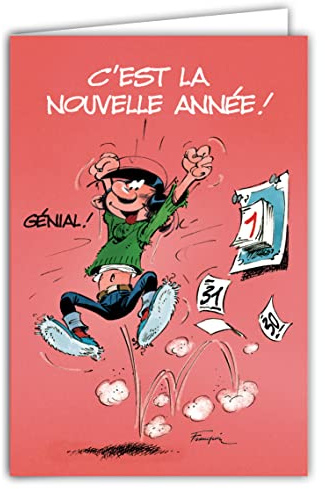 GASTON LAGAFFE Carte Meilleurs Vœux pour la Nouvelle Année Calendrier 31 décembre 1er janvier Illustration Dessin Humoristique Bande Dessinée Humour Belge BD Franquin Papier PEFC AFIE XGL 002 BA