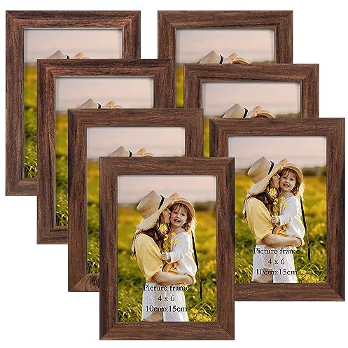 EXYGLO Set de 7 Marcos de Fotos 10x15 cm, Marcos para Cuadros Collage Marrón con Cristal Auténtico para Fotos e Imágenes de 15x10 cm, Soporte de Pared o Mesa