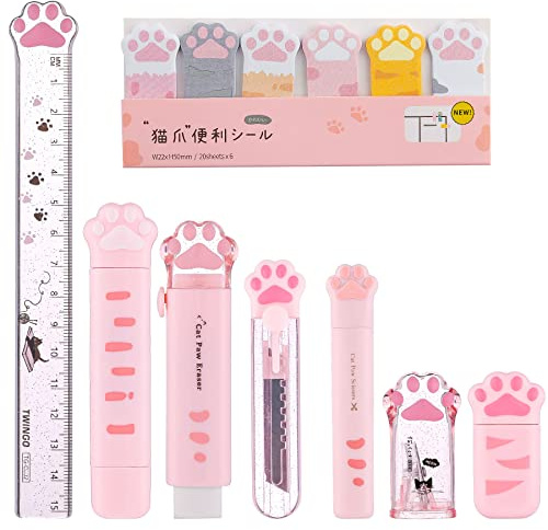 8 Pcs Cute Cat Paw Stationery Set Kawaii School Supplies Including Pencil Sharpener Retractable Eraser Correction Tape Sticky Notes Ruler Mini Scissors Utility Knife for Cat Lovers Students (Pink)