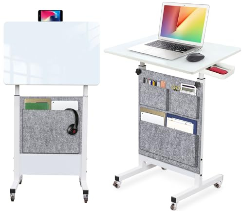 KOUPA Adjustable Height Standing Desk, Writable Tempered Glass Desktop with Eraser, 360° Flip, Wheels and Bag– Ideal for Small Spaces and Home Offices, 24 in, White(Adjustable Height: 32-47 in)