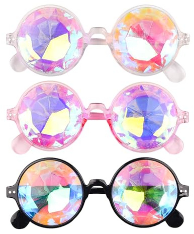 Lezevn 3 Pieces Kaleidoscope Glasses Rainbow Prism Sunglasses Goggles Halloween Rave Party Diffraction