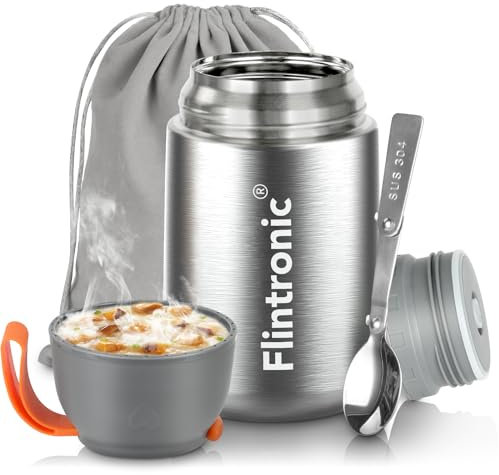 flintronic Thermobehälter, 450ML Edelstahl Warmhaltebehälter, Speisegefäß für Essen, Lebensmittelbehälter mit Klapplöffel, Auslaufsicher Isolierbehälter Essensbehälter, Thermo Lunchbox - BPA-Frei