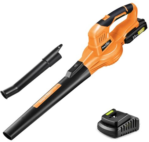 SnapFresh Sopladora de Hojas con Bateria Eléctrico de 20V inalámbrico con batería y Cargador - para Cuidado del césped - Alimentado por Pilas, Naranja