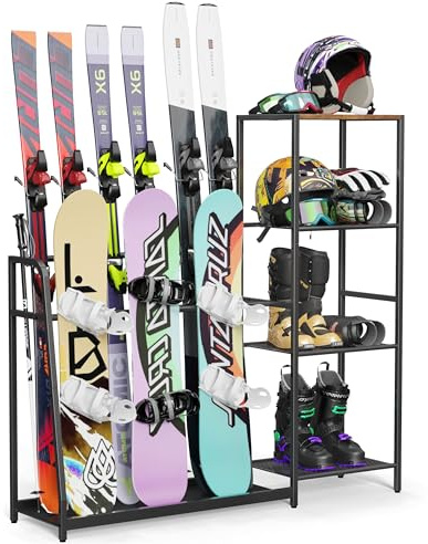 Rastrelliera autoportante per snowboard, 4 paia di sci, 3 confezioni da snowboard, scarponi, aste, occhiali, casco per garage, capannone, cantina
