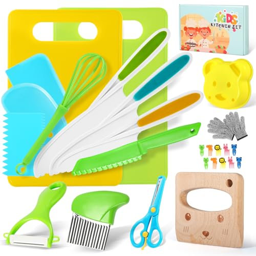 27 Pezzi Coltelli da Cucina per Bambini, Sicurezza Set di Coltello Bambini per Tagliare Frutta o Verdura, Utensili Cucina Montessori con Coltello in Legno, Tagliere, per Regali di Natale e Compleanno