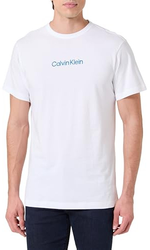 Calvin Klein Camiseta de Manga Corta Hombre Crew Neck con Cuello Redondo, Blanco (Classic White W/Deep Lagoon Logo), M