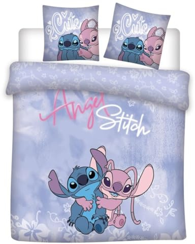 Angel & Stitch Double Bed Linen Set, Reversible Duvet Cover 200 x 200 cm + 2 Pillowcases 65 x 65 cm, Polycotton