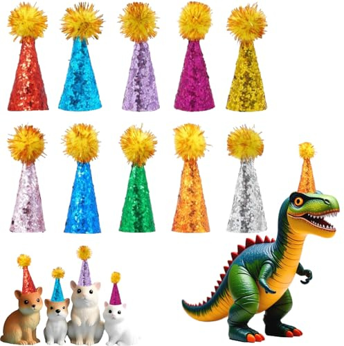 BIPY 10 Pack Mini Party Hats for Stuffed Animal Figures Dinosaurs Toys Tiny Hat for Crafts Doll Headwear Hamster Bird Adjustable Miniature Hat with Tinsel Pom Birthday Cake Toppers Accessories