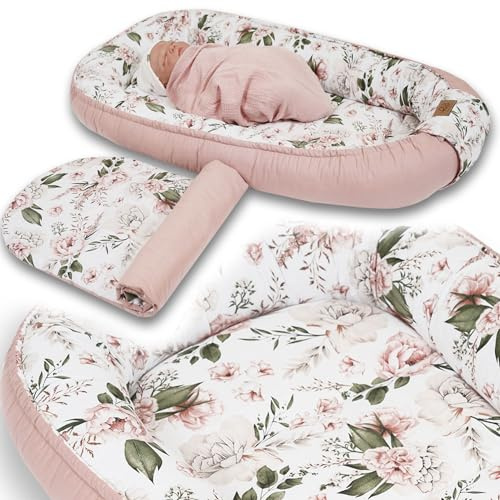 PaLulli® Nido extra grande para bebés de 100 x 60 cm, juego con inserto extraíble de algodón, nido de peluche reversible para bebés, hecho a mano, transpirable y seguro (rosa)