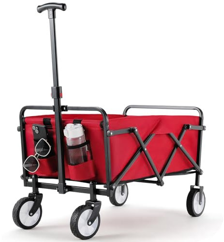 LIFERUN Carro Plegable, Carro de Jardín con Mango Ajustable, Bolsillos Laterales, Ruedas Todo Terreno, Capacidad de 60 kg, Carrito de Playa para Exteriores, Camping, Playa, Picnic, Compras (Rojo)