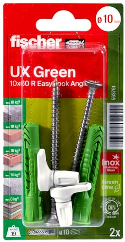 fischer Universal Dowels UX Green 10 x 60 R EasyHook Angle, Sustainable All-Purpose Dowels with Edge for Optimal Hold in Various Building Materials, with A2 Stainless Steel Screws and Angle Hook, Pack