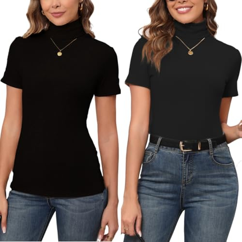 Enjoyoself Maglione Maniche Corte in Cotone Collo Alto Pullover Elegante a Maglieria-2 x Nero/XXL