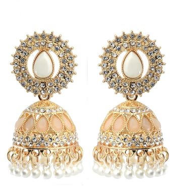 Jhumka - Orecchini da donna indiani in stile vintage placcati in oro, con zirconi, con frange, stile bohemien, matrimonio, regalo da donna, sera, festa, ispirazione Bollywood, cerimonia gioiello