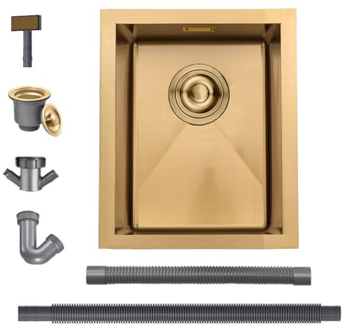Stainless Steel Kitchen Sink, Undermount Single Bowl 30x40cm, Gold Sink | Gold Sink with Overflow, Drainer Fitting, Suitable for Topmount, Undermount, Flushmount Installation, Outdoor Campervan Sink