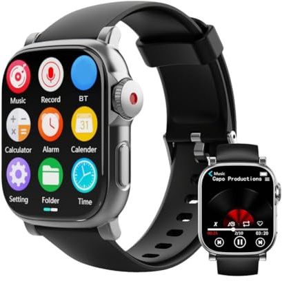 Getdoublerich Smart Watch, orologio sportivo wireless BT MP3 da 2 pollici, con schermo touch HD, lettore musicale e riproduzione video (nero e grigio, 32 GB)
