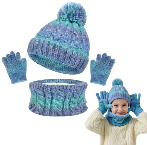 JinBei Conjunto de Gorro y Bufanda y Guantes Niños, 3-10 Años, Azul Verdoso