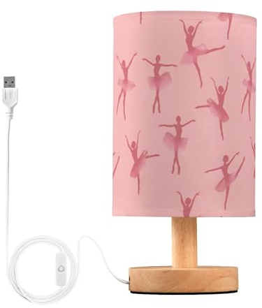 EFEWOI Table Lamp Pink Ballerina Bedside Nightstand Lamps Decorative Fabric Shade Light with Wood Base for Bedroom, Living Room, Office