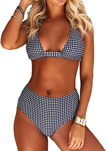 JFAN Conjuntos de Bikini para Mujer Verano Trajes de Baño de Dos Piezas de Cuello Halter Bañadores de Push Up Adelgazar de Cintura Alta Mujer Bikini Sets（E-Rejilla Negra,XL