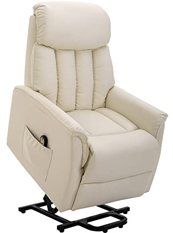 HOMCOM Relaxsessel Elektrisch Fernsehsessel mit Aufstehhilfe, Liegefunktion, TV Sessel mit Fußteil, Seitentasche, Fernbedienung, für Wohnzimmer, bis 150 kg, Kunstleder, Beige