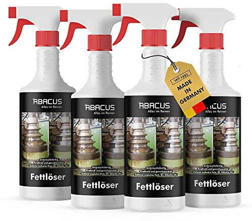 ABACUS® Fettlöser extra stark, Intensivreiniger für Öl, Werkstattreiniger Konzentrat, Küchenreiniger, Kraftreiniger, Universalreiniger, Nikotinentferner – Fettlöser 4x 750 ml (7712.4)