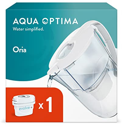 Aqua Optima Oria Wasserfilterkanne & 1 x 30 Tage Evolve+ Wasserfilterkartusche, 2,8 Liter Fassungsvermögen, zur Reduzierung von Mikroplastik, Chlor, Kalk und Verunreinigungen, Weiß