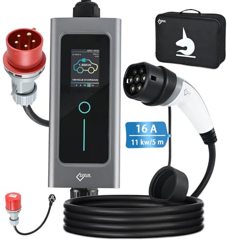 EVIEUN EV Ladekabel Typ 2 11 kW 3-Phasen 6-16 A 5 M, EV-Ladegerät Ladekabel CEE auf Typ 2 mit Allen Elektro-und Hybridfahrzeugen, Tragbare EV-Ladestation mit Adapter für CEE auf Schuko