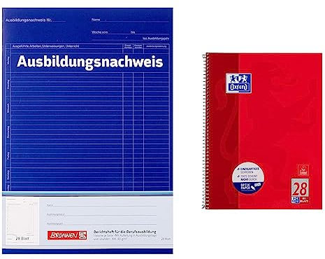Brunnen 104257001 Berichtsheft Ausbildung/Ausbildungsnachweisheft (A4, 28 Blatt, 1 Woche je Seite) & Oxford Collegeblock A4 kariert, mit Doppelrand, 80 Blatt, rot, 1 Stück
