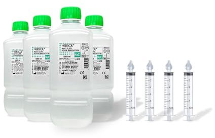 VERSOL Serum Physiologique Mega Pack De 4 Bouteilles De 1 Litre et 4 Seringues Nasales Réutilisables. Pack Economique 4x1L Lavage Nasale, Hygiène Quotidienne pour Nez Sec ou Irrité, Allergie et Rhume