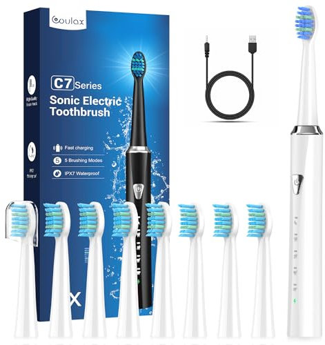 COULAX Spazzolino Elettrico Sonico per Adulti e Bambini - Spazzolino Elettrico con 8 Testine, 5 Modalità, Impermeabile IPX7, Spazzolini Elettrici ad Ultrasuoni per Famiglia e Viaggi, Perla Bianca