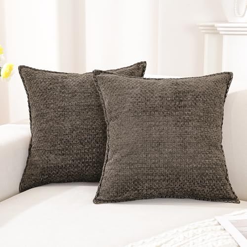 YSTELLAA Dekorativa Chenille Kuddfodral 60x60 2 Stycken, Fyrkantiga Kuddöverdrag Tvättbart För Soffa Hem Sovrum, Kuddöverdrag Med Osynlig Dragkedja, Kvalsterhämmande Andningsbart, Kaffe