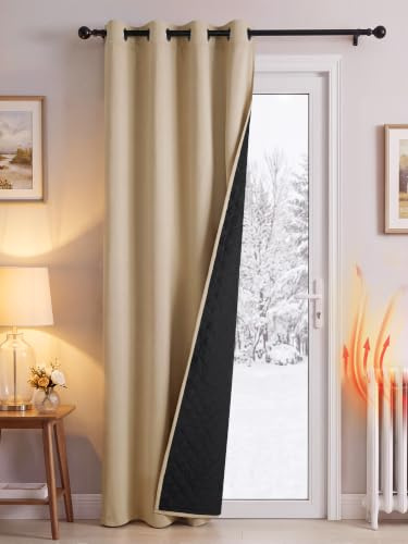 PONY DANCE Thermal Door Curtain with Quilted Black Lining, Beige, 52x90 | Blackout Heavy Eyelet Curtain for Winter, Double Layer Drape for Living Room & Bedroom, Energy Saving & Privacy, 1 Panel