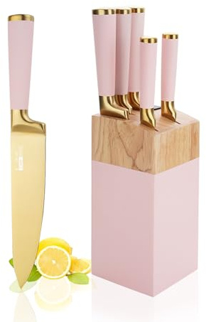 Ensemble de Couteaux de Cuisine, 6 Couteaux En Acier Inoxydable Rose Avec Bloc, Bloc de Couteaux Ultra Tranchant Avec Manche Confortable, Couteau de Chef Pour La Cuisine Maison