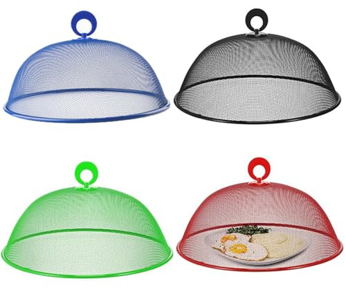 Zillary 4 Pezzi Copertura in Rete per Alimenti, Coperture per Alimenti in Rete Metallica, Coperchio per Alimenti a Mosca, Riutilizzabile, per Barbecue Picnic (Blu, Rosso, Verde, Nero, 28cm)
