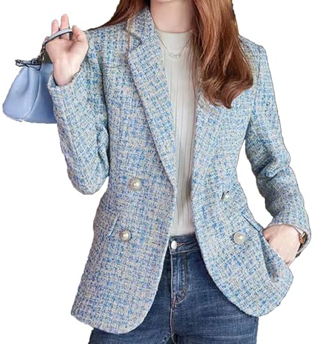 giacche Blazer in Tweed da Donna Autunno Inverno Moda Calda Casual Aperto Anteriore Business Elegante Abito da Lavoro Tasca Superiore (1-blu,L)