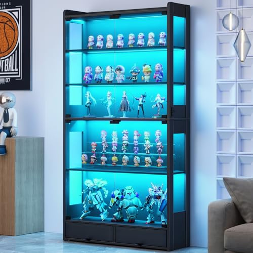 ROCHECASA Glass Display Cabinet 69''H with LED Lights, 5-Tier Showcase with Drawers, Collectible Figure Display Case, Freestanding Curio Cabinet, Tall Storage Shelves, Black, 39.4''W