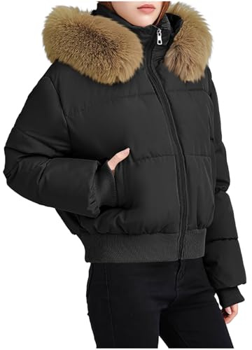 Womens Faux Fur Trimmed Hooded Coats Quilted Padded Warm Parka Jackets Baggy Thermal Puffer Jackets Zip Up Short Outerwear Wind-resistant Ladies Classic Padding Coat with Big Fluffy Hood