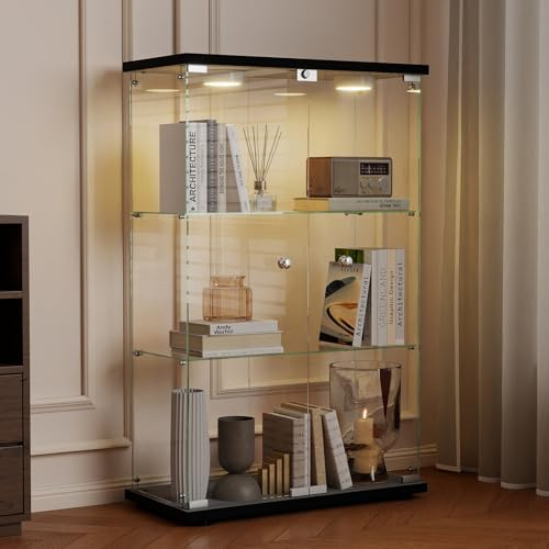 AUFHELLEN Glasvitrine Standvitrine mit LED in Schwarz, 125x79x36.5CM Modern Glas Vitrine Vitrinenschrank mit 3 Böden aus ESG für Sammlerstücke Bücher Wein