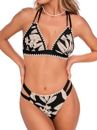 CUPSHE Women's Bikini Sets Two Piece Swimsuit Halter V Neck Back Hook Cutout Stitching Cheeky Bottom,M