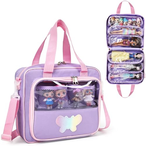 Kowenlic Doll Carry Case Compatible with Barbie Dolls 12-Inch/6-inch. Doll Storage Bag Compatible with LOL Surprise Dolls.All-in-One Organizer Holds Dolls Clothes & Accessories(Purple)