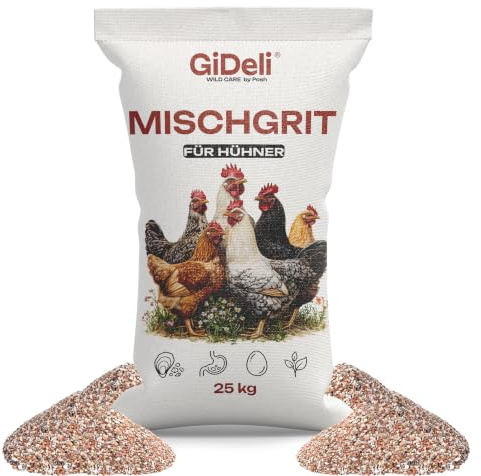 GiDeli Sabbia mista per polli, 25 kg, calcio di semi di conchiglia e gusci di ostriche per gusci d'uovo forti, farina di pietra con pietra focaia per la digestione, mangime naturale per galline