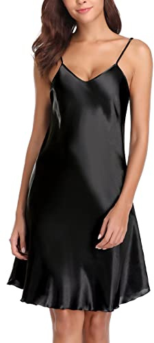 Vlazom Women Night Shirt Satin Sexig försummelse underkläder med spaghetti rem v halsringning nattklänning för kvinnor (xxl, stil a-svart)