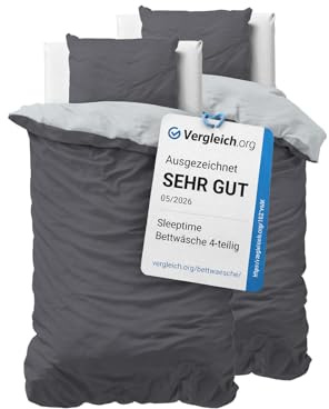 Sleeptime Bettwäsche 135x200 4-teilig - 100% Baumwolle - 2X Bettbezug 135x200 cm + 2X Kissenbezug 80x80 cm - Oeko-TEX®, Reißverschluss, pflegeleicht - atmungsaktiv & hautfreundlich - Anthrazit Grau