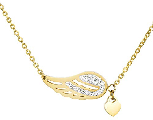 Morella Collar Mujeres con Colgante Alas de ángel y corazón de Acero Inoxidable Oro en Bolsa de Terciopelo