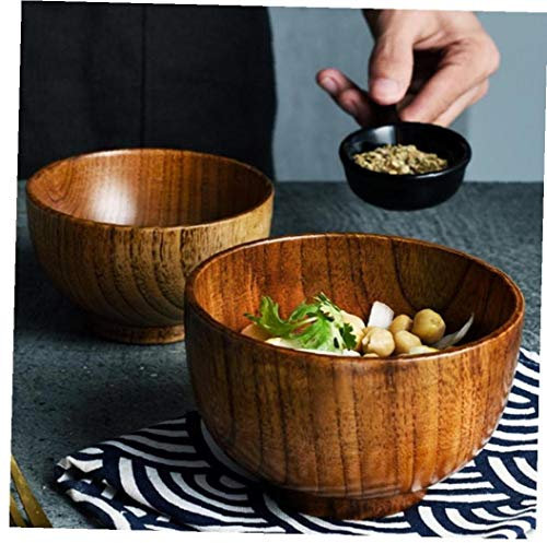 Angoter 1PCS Cuenco de Madera de Madera del Estilo japonés de arroz Soup Bowl Ensaladera envase de alimento Grande pequeño tazón de Fuente para el vajilla niños Utensilios de Madera