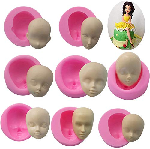 erhumama Stampi in silicone a forma di testa di bambola, 8 pezzi, per uso alimentare, rosa, per utensili da forno, microonde e forno, facile rilascio